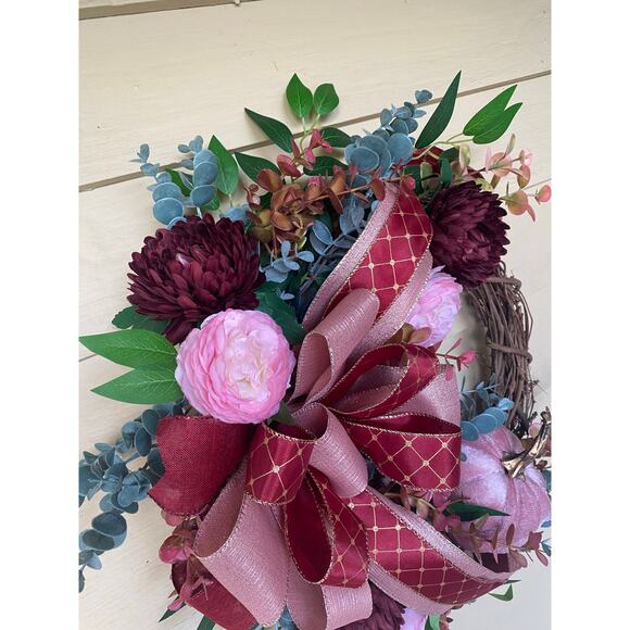 Pink Velvet Pumpkin Wreath, Burgundy & Blush Grapevine, Elegant Fall Front Door - Picture 4 of 7